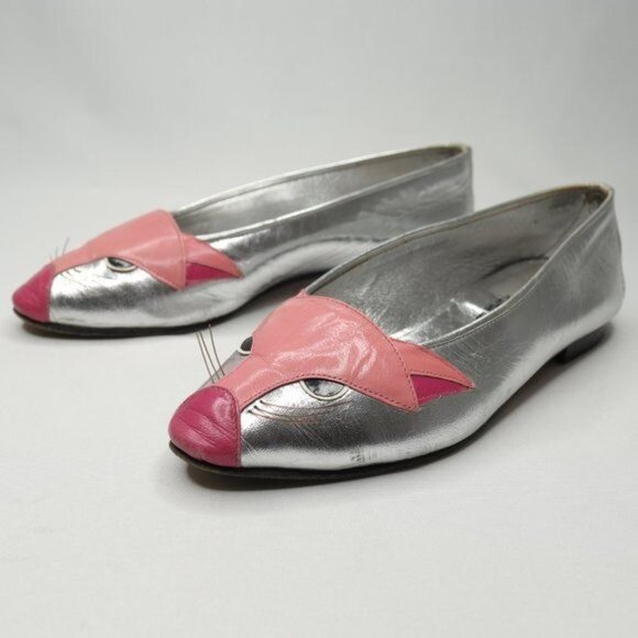 Enzo of Roma Vintage Kids Size 34 Silver Pink Leather Cat Slip On Loafers - Picture 1 of 10